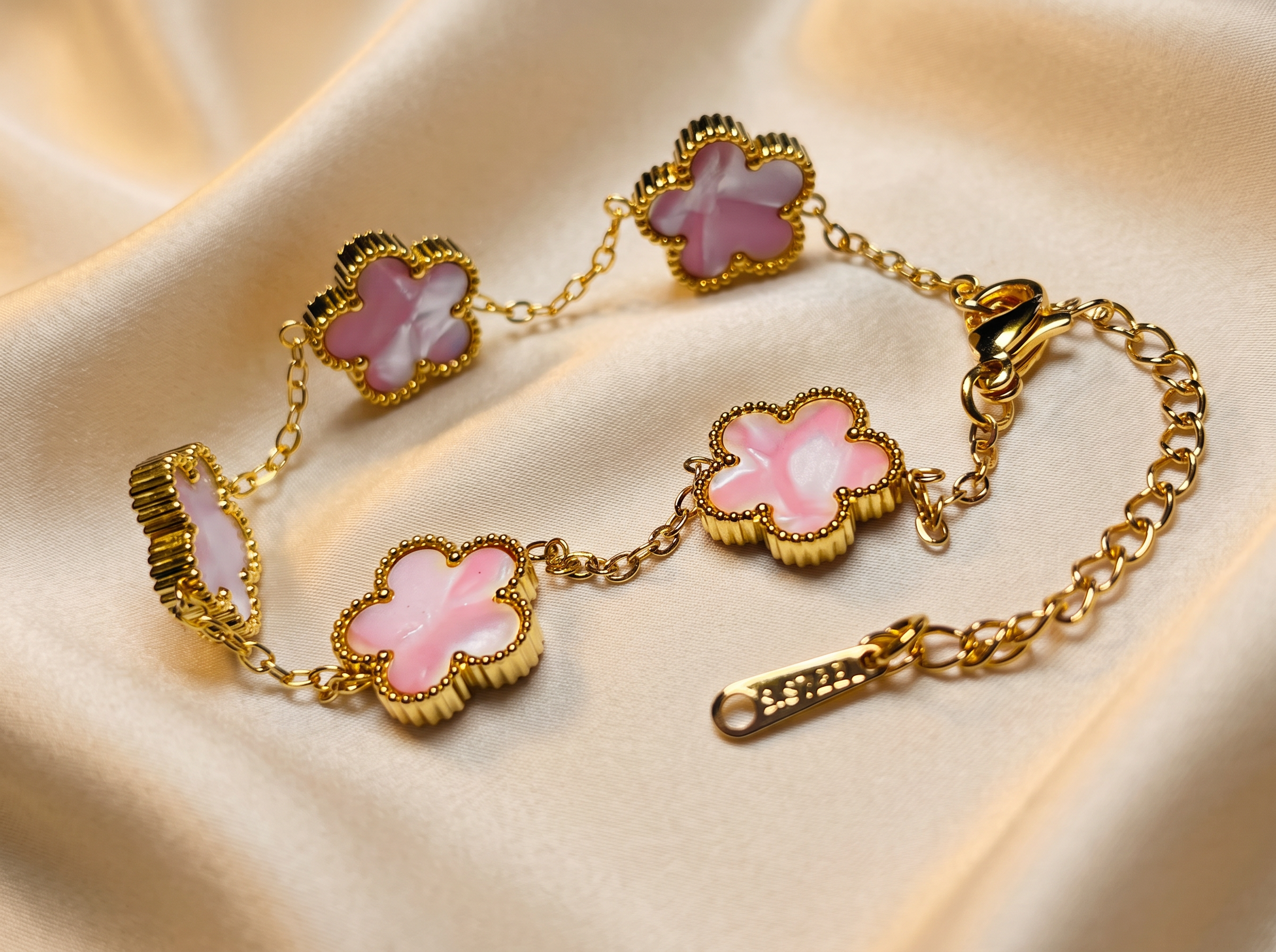 Pink Four Leaf Clover Gold Floral Charm Bracelet