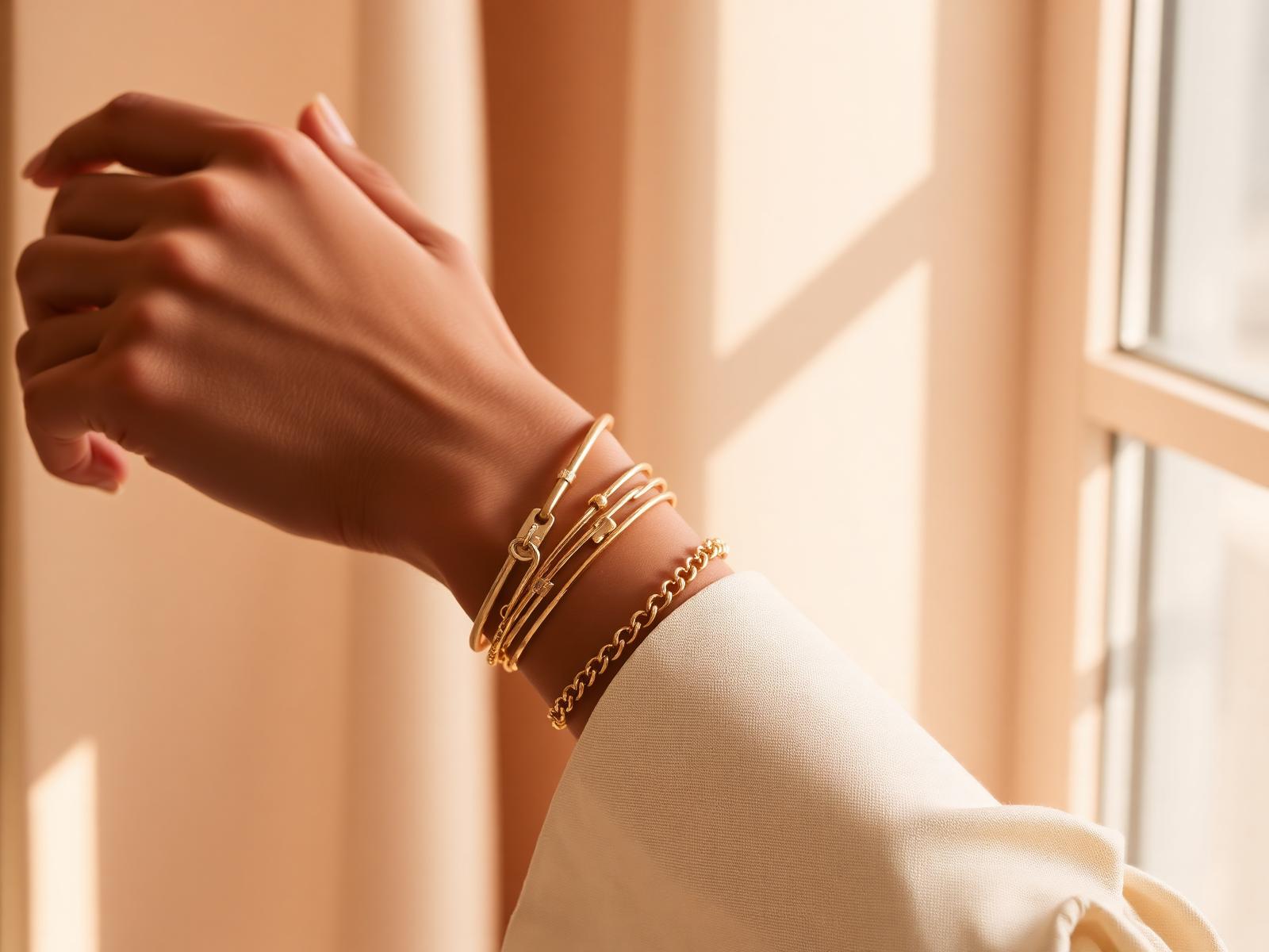 Woman wearing layered gold Muse Mode bracelets